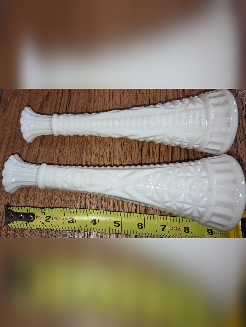 2 Vintage Anchor Hocking white milk glass bud vase, "Stars and Bars" pattern - Picture 3 of 3